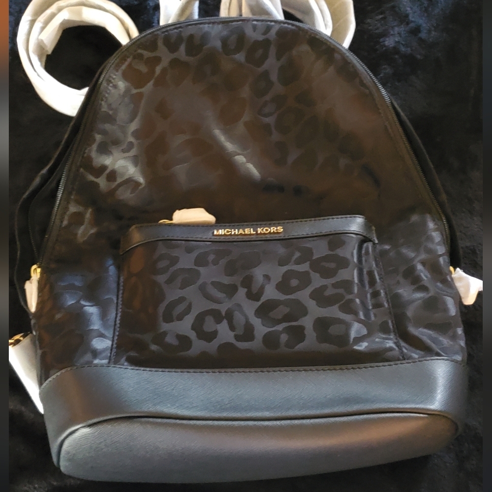 Michael Kors "Morgan" Black Leopard Print Backpack with Gold Details NWT
